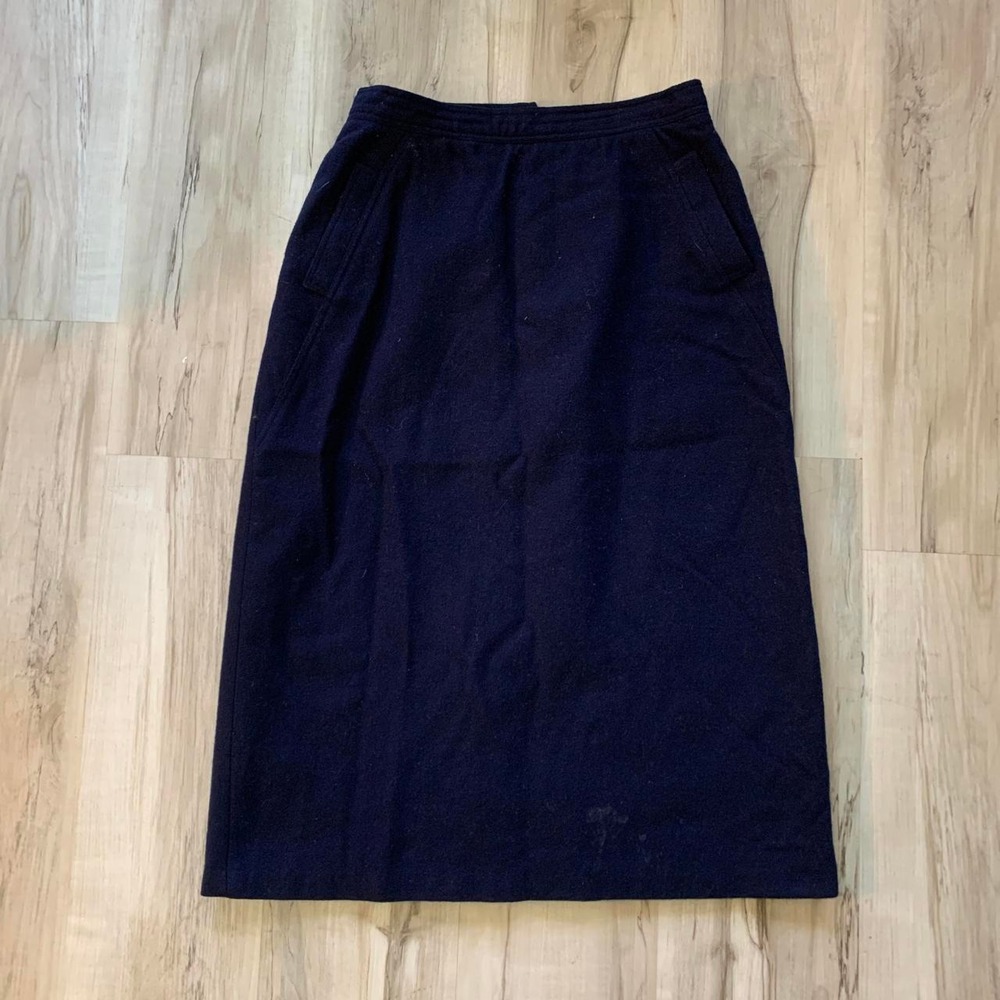 Summit Sportswear Vintage 80s Navy Blue Wool Blend Midi Skirt Pocket Slit Sz 14